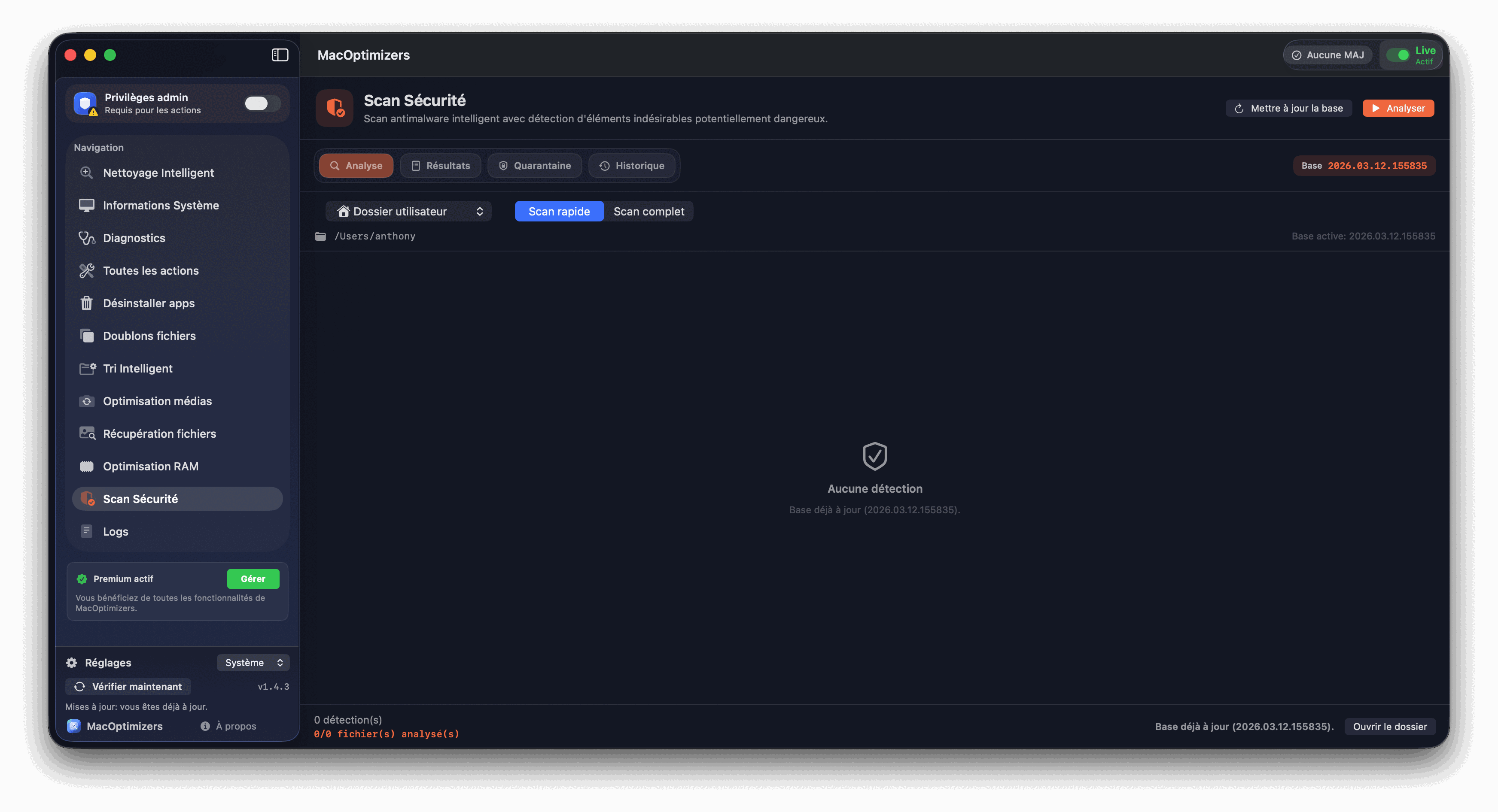 Scan Sécurité antimalware - écran d’accueil