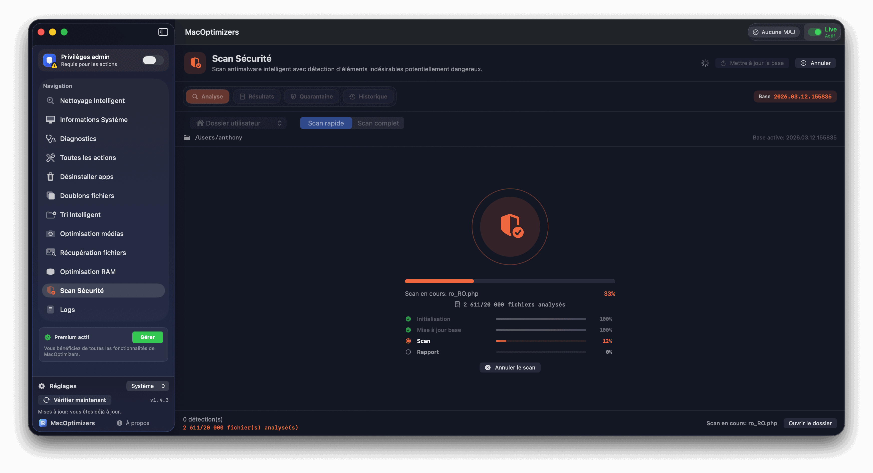 Scan Sécurité antimalware - progression d’analyse en temps réel