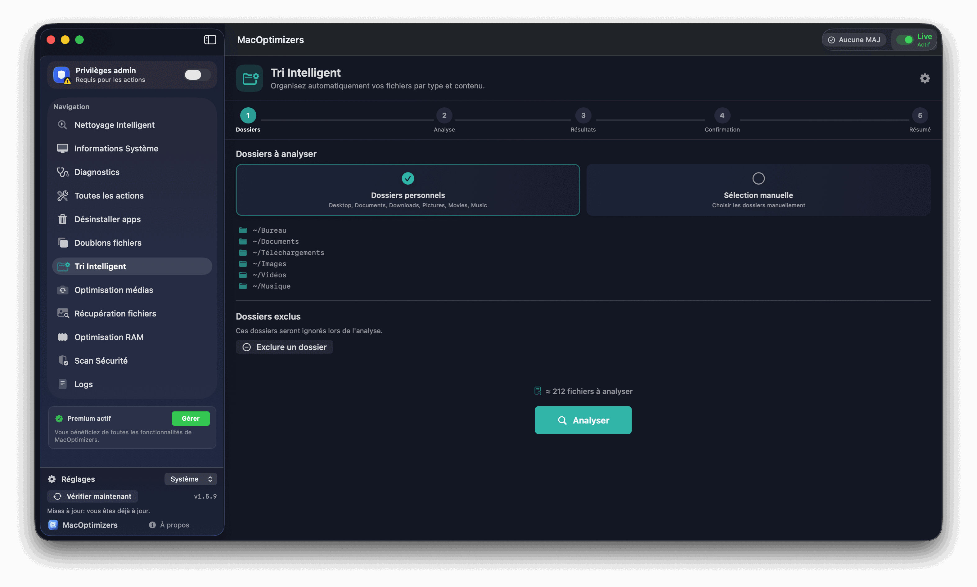 Tri Intelligent - écran d’accueil et sélection des dossiers